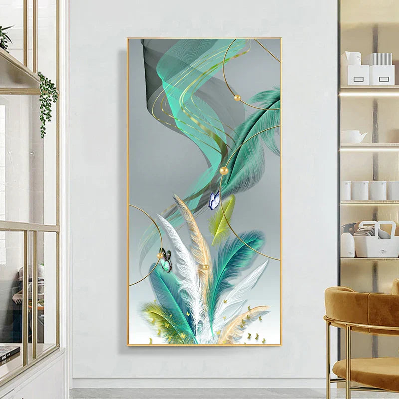 Lykkevisjon Abstrakt Gylden Fjær Hjort Landskap Veggkunst Fine Kunst Lærredstrykk Bilder For Stue Inngang Foyer Lys Luksuriøs Boliginnredning | Skanto