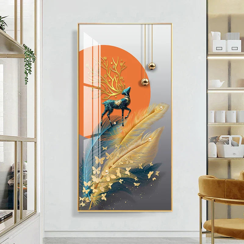 Lykkevisjon Abstrakt Gylden Fjær Hjort Landskap Veggkunst Fine Kunst Lærredstrykk Bilder For Stue Inngang Foyer Lys Luksuriøs Boliginnredning | Skanto