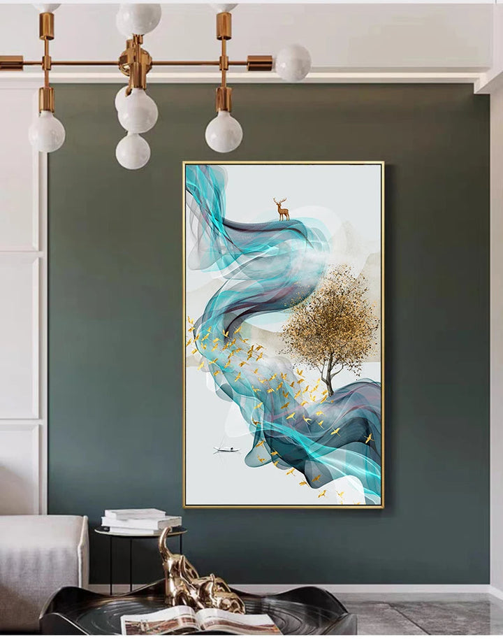 Lykke bringende Gyldne Reinsdyr Flytende Abstrakt Landskap Veggkunst Fint Kunst Lerret Trykk Inspirasjonsbilder For Stue Spisestue Kunst Dekor | Skanto