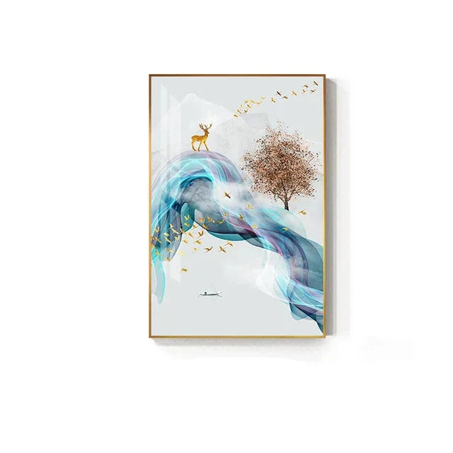 Lykke bringende Gyldne Reinsdyr Flytende Abstrakt Landskap Veggkunst Fint Kunst Lerret Trykk Inspirasjonsbilder For Stue Spisestue Kunst Dekor | Skanto