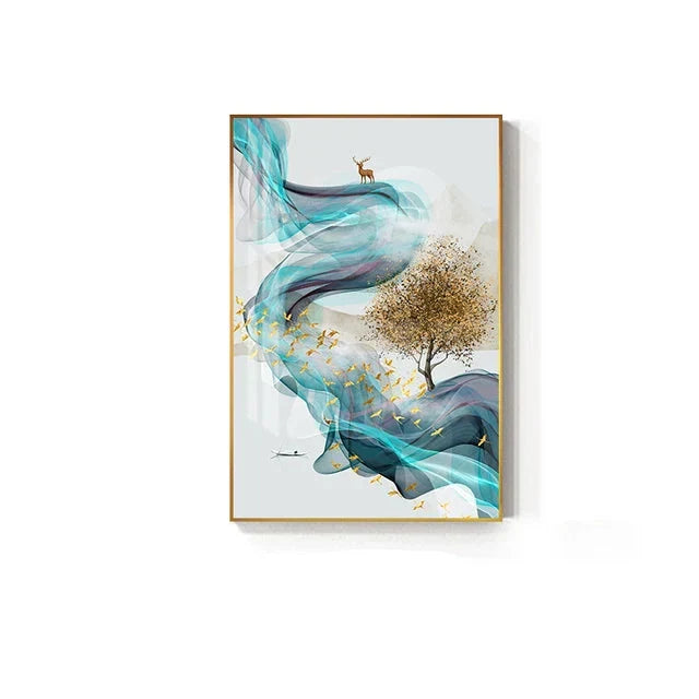 Lykke bringende Gyldne Reinsdyr Flytende Abstrakt Landskap Veggkunst Fint Kunst Lerret Trykk Inspirasjonsbilder For Stue Spisestue Kunst Dekor | Skanto