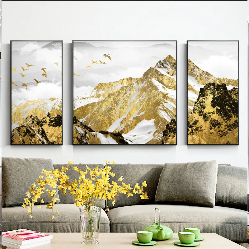 Billig Gilded Mountain Triptychon Landskapsveggkunst Fine Art lerret utskrifter sett av 3 stk bilder for stue spisestue Lett luksus boliginnredning | Skanto