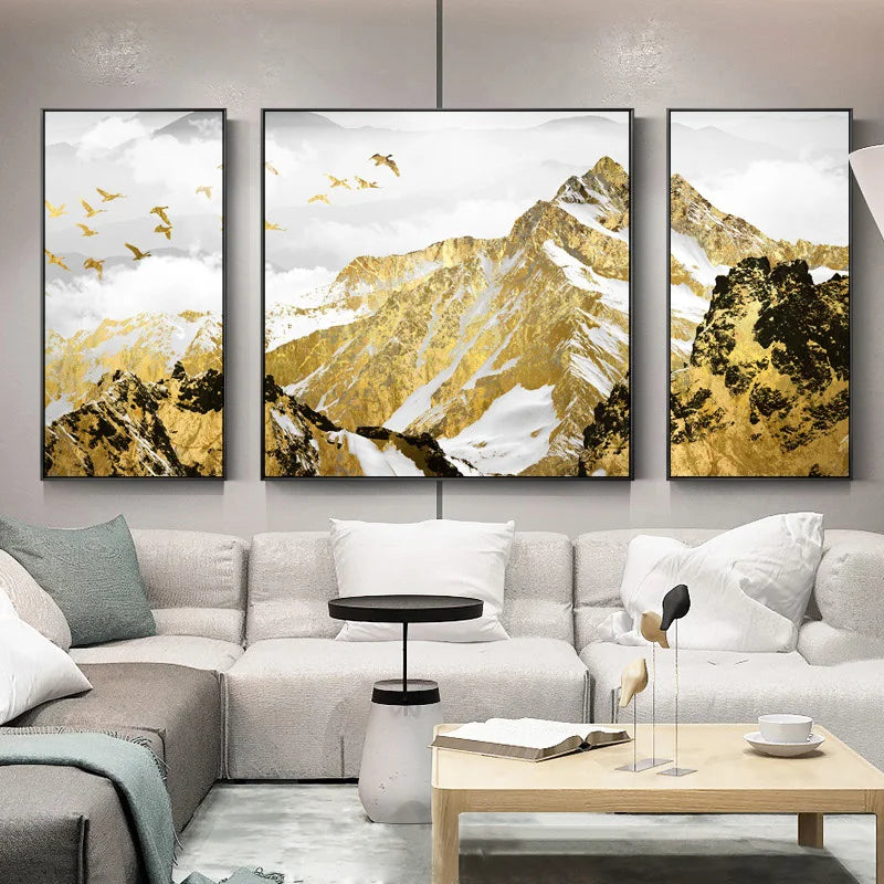 Billig Gilded Mountain Triptychon Landskapsveggkunst Fine Art lerret utskrifter sett av 3 stk bilder for stue spisestue Lett luksus boliginnredning | Skanto