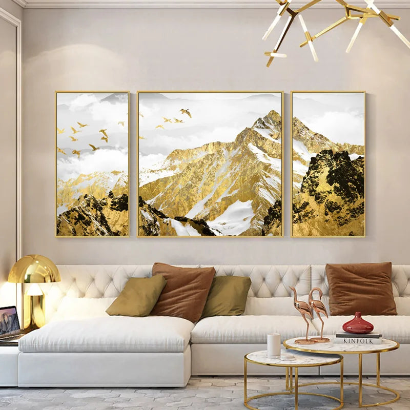Billig Gilded Mountain Triptychon Landskapsveggkunst Fine Art lerret utskrifter sett av 3 stk bilder for stue spisestue Lett luksus boliginnredning | Skanto