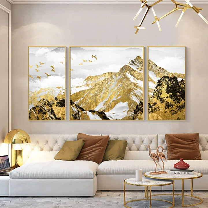 Billig Gilded Mountain Triptychon Landskapsveggkunst Fine Art lerret utskrifter sett av 3 stk bilder for stue spisestue Lett luksus boliginnredning | Skanto