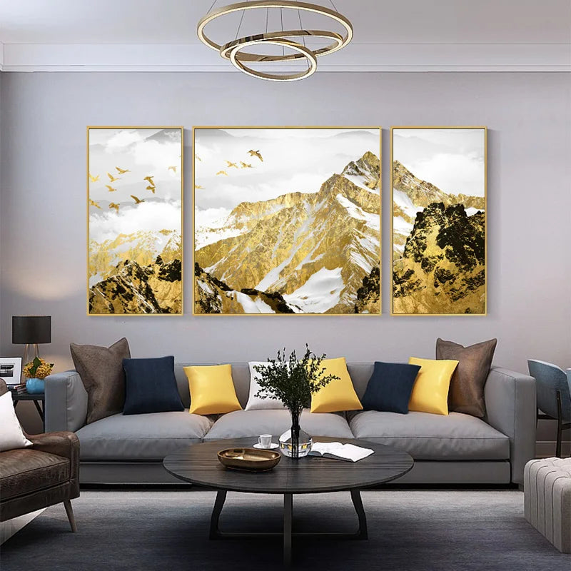 Billig Gilded Mountain Triptychon Landskapsveggkunst Fine Art lerret utskrifter sett av 3 stk bilder for stue spisestue Lett luksus boliginnredning | Skanto