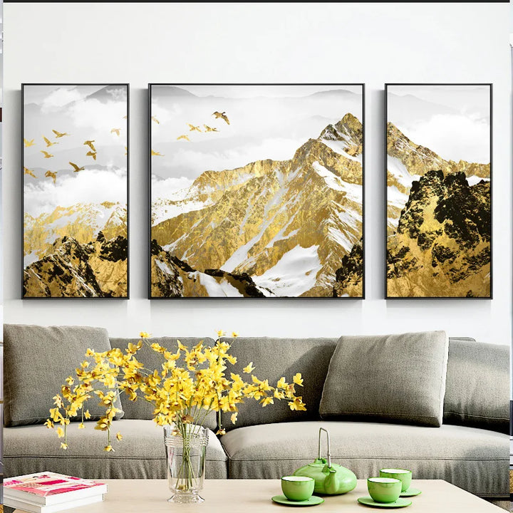 Billig Gilded Mountain Triptychon Landskapsveggkunst Fine Art lerret utskrifter sett av 3 stk bilder for stue spisestue Lett luksus boliginnredning | Skanto