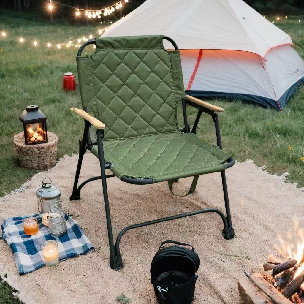 Moderne Minimalistisk Rektangulær Diamantmønstret Karbonstål Oxford Stoff Bøketræ Sammenleggbar Camping Stol Ryggstøtte Armlene For Hage | Skanto