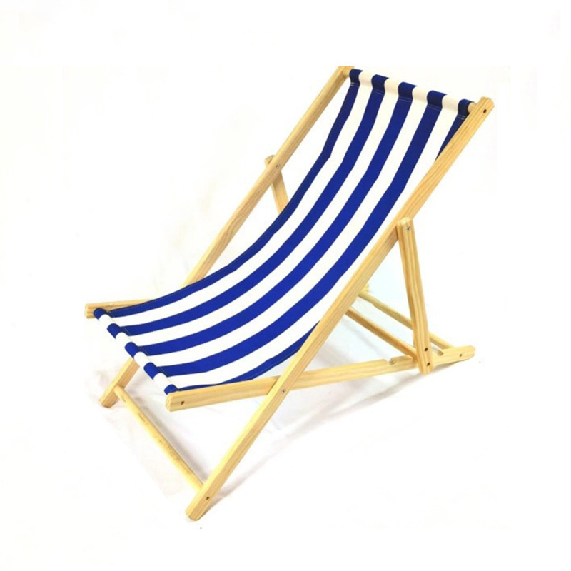 Rektangulær utendørs strandstol laget av heltre furu med sammenleggbar ryggstøtte, trukket med Oxford-stoff, for utendørs bruk.