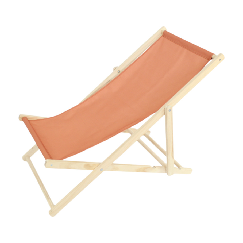 Rektangulær utendørs strandstol laget av heltre furu med sammenleggbar ryggstøtte, trukket med Oxford-stoff, for utendørs bruk.