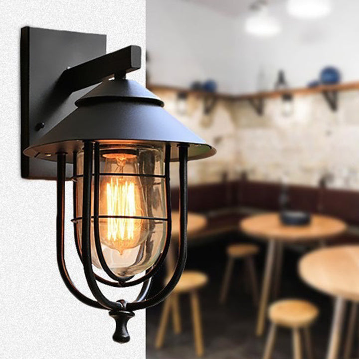 Moderne industriell jern- og glasskapslet sylinder 1-lys vegglampe for utendørs terrasse | Skanto