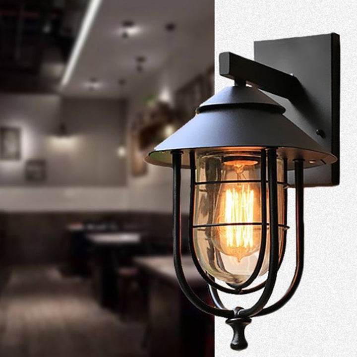 Moderne industriell jern- og glasskapslet sylinder 1-lys vegglampe for utendørs terrasse | Skanto