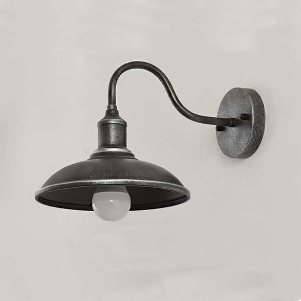 Moderne industriell rund potte lokk form buet stang jern skygge 1-lys vegglampe for uteplass | Skanto
