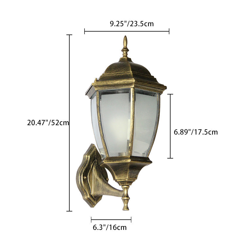 Moderne, vanntett, sekskantet vegglampe i retrostil laget av aluminium med frostet klart glass og burdesign for terrassen