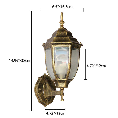 Moderne, vanntett, sekskantet vegglampe i retrostil laget av aluminium med frostet klart glass og burdesign for terrassen