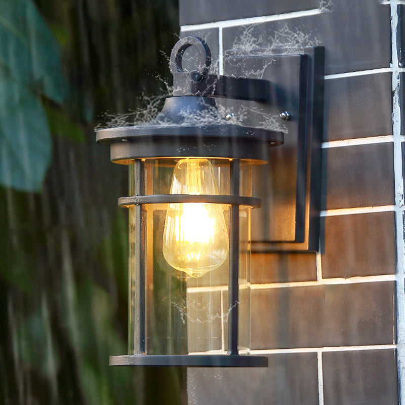 Moderne industriell sylinder aluminium glasskjerm 1-lys vanntett vegglampe for utendørs uteplass | Skanto