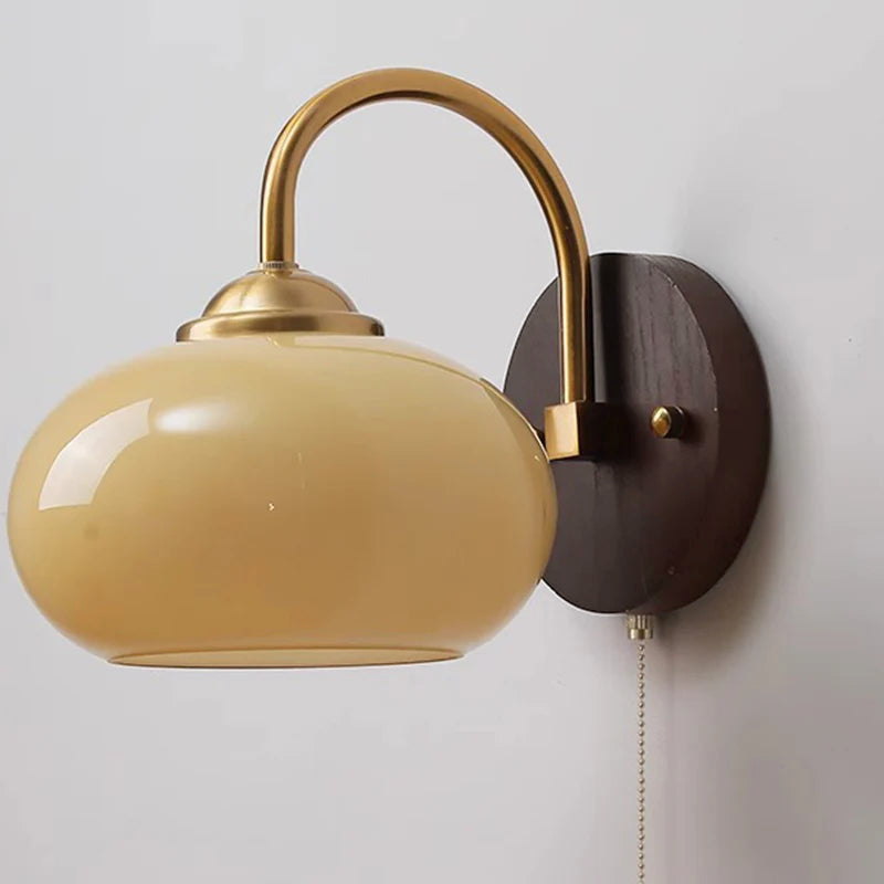 Skanto | Moderne Mid-Century Krem Rund Oval Ask Tre Glass 1-Lys Vegglampe for Soverom