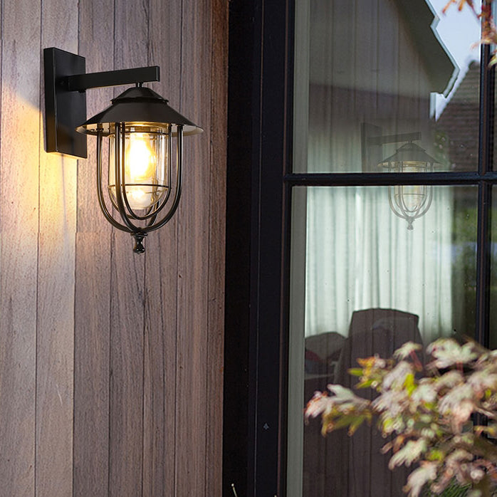 Tradisjonell Vintage Fuglebur Jern Glass 1-Lykt Vegglampe For Utendørs Patio | Skanto