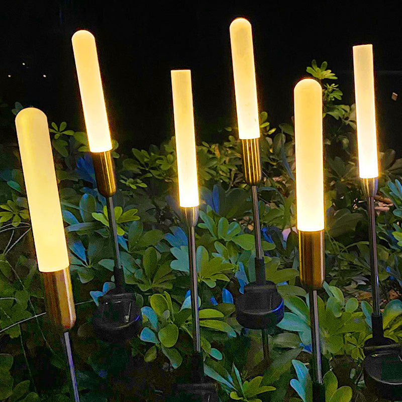Vanntett solcelledrevet sylinderlampe laget av akryl, aluminium, rustfritt stål og ABS med LED-belysning for utendørs bruk og hagedesign.