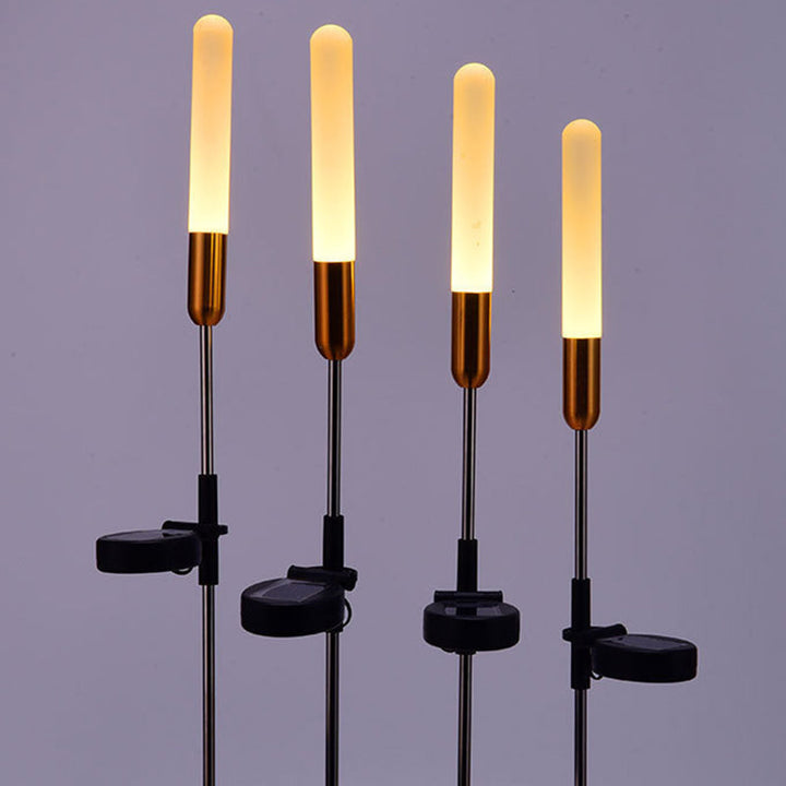 Vanntett solcelledrevet sylinderlampe laget av akryl, aluminium, rustfritt stål og ABS med LED-belysning for utendørs bruk og hagedesign.