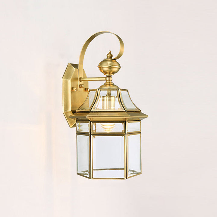 Moderne nordisk sekskantet klokke vanntett glass messing 1-lyskilde vegglampe for utendørs terrasse | Skanto
