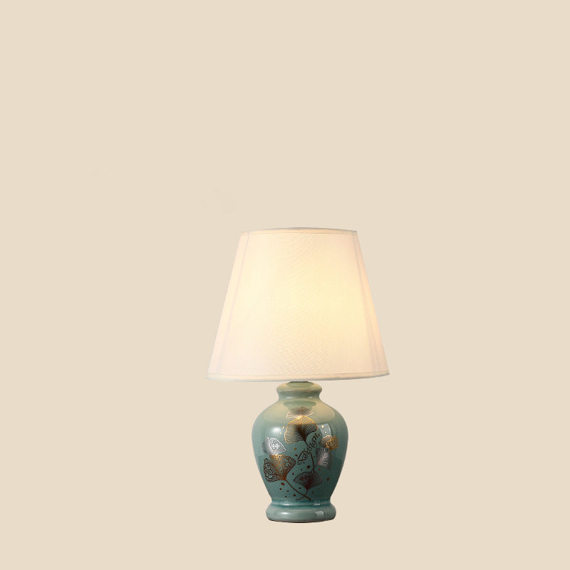 Norvo | Tradisjonelt kinesisk blomsterdesign rund vifte stoff keramikk 1-lys bordlampe til stuen