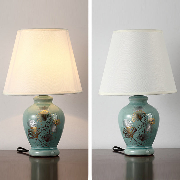 Skanto | Tradisjonelt kinesisk blomsterdesign rund vifte stoff keramikk 1-lys bordlampe til stuen