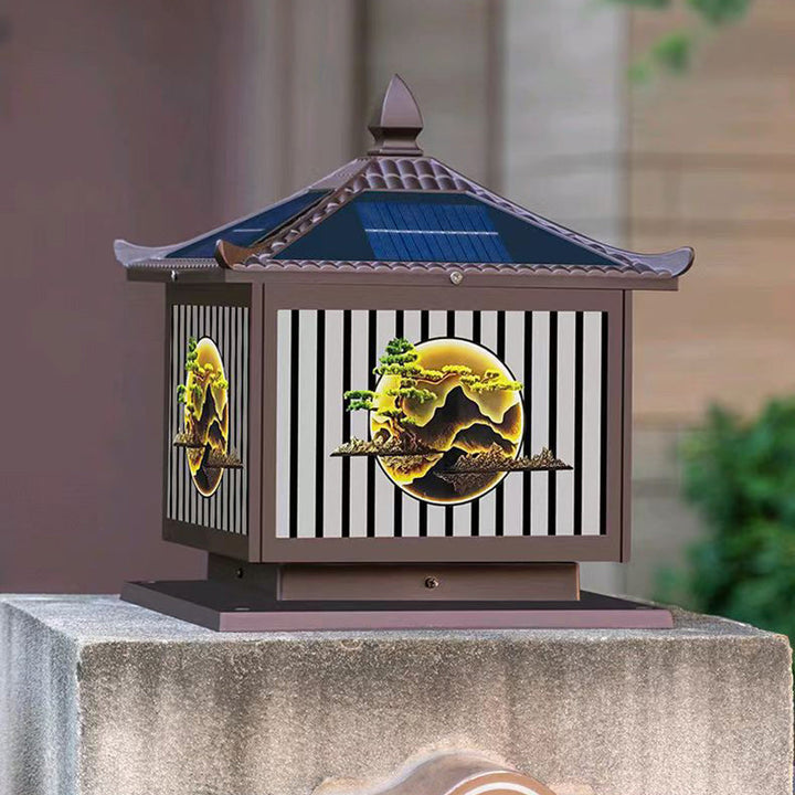 Tradisjonell kinesisk solfanger vanntett aluminium PC-glass furu tre kvadratisk sylinder LED landskapsbelysning utendørs lys for utendørs terrasse | Skanto