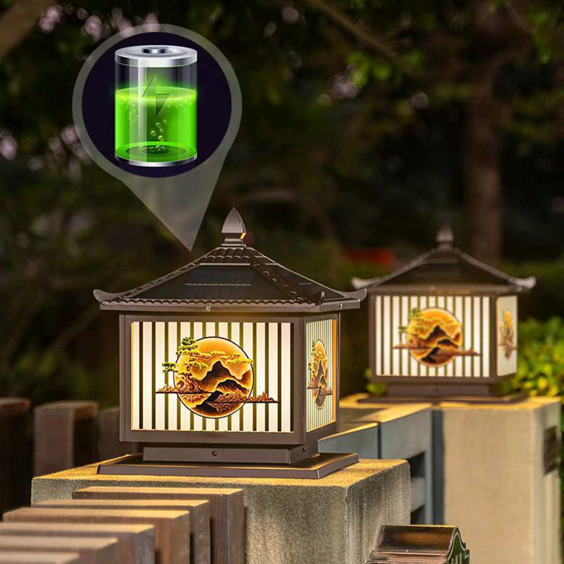 Tradisjonell kinesisk solfanger vanntett aluminium PC-glass furu tre kvadratisk sylinder LED landskapsbelysning utendørs lys for utendørs terrasse | Skanto
