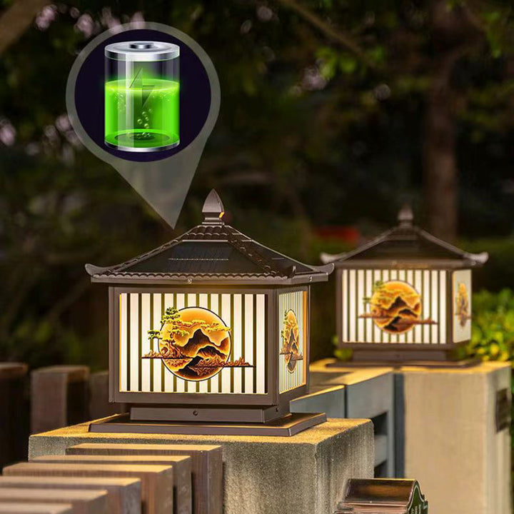 Tradisjonell kinesisk solfanger vanntett aluminium PC-glass furu tre kvadratisk sylinder LED landskapsbelysning utendørs lys for utendørs terrasse | Skanto