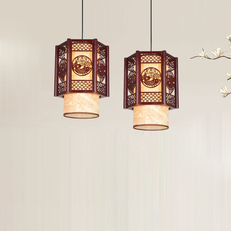 Skanto | Tradisjonell kinesisk tre-PVC sylinderlykt med utskåret fisk 1-lampe pendellampe for spisestuen