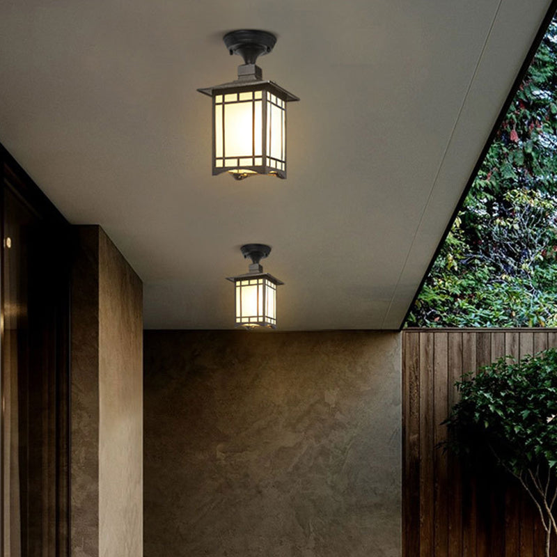 Tradisjonell kinesisk vanntett jern aluminiums glass sylinder pergola 1-lykt semi-flush montering taklampe utendørs lys for utendørs terrasse | Skanto
