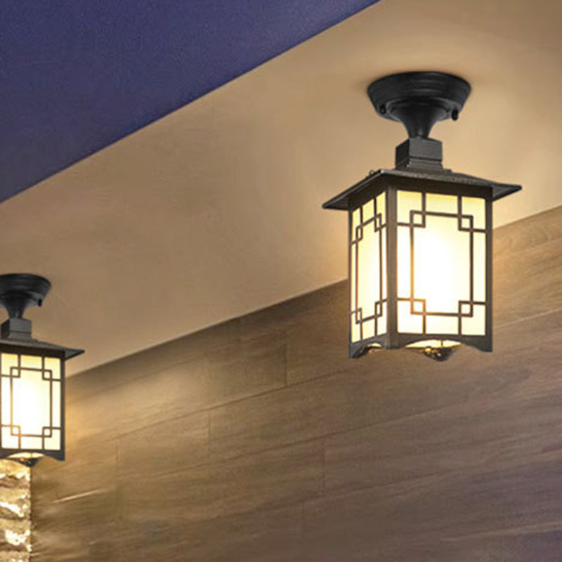 Tradisjonell kinesisk vanntett jern aluminiums glass sylinder pergola 1-lykt semi-flush montering taklampe utendørs lys for utendørs terrasse | Skanto