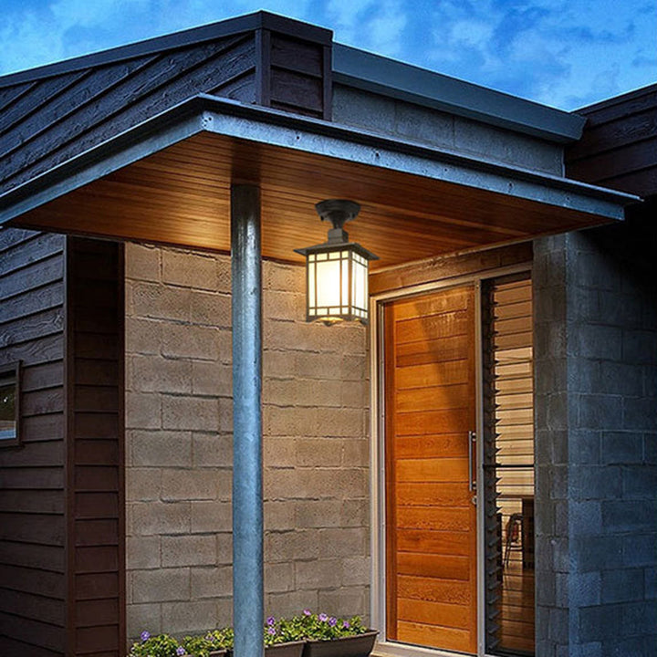 Tradisjonell kinesisk vanntett jern aluminiums glass sylinder pergola 1-lykt semi-flush montering taklampe utendørs lys for utendørs terrasse | Skanto