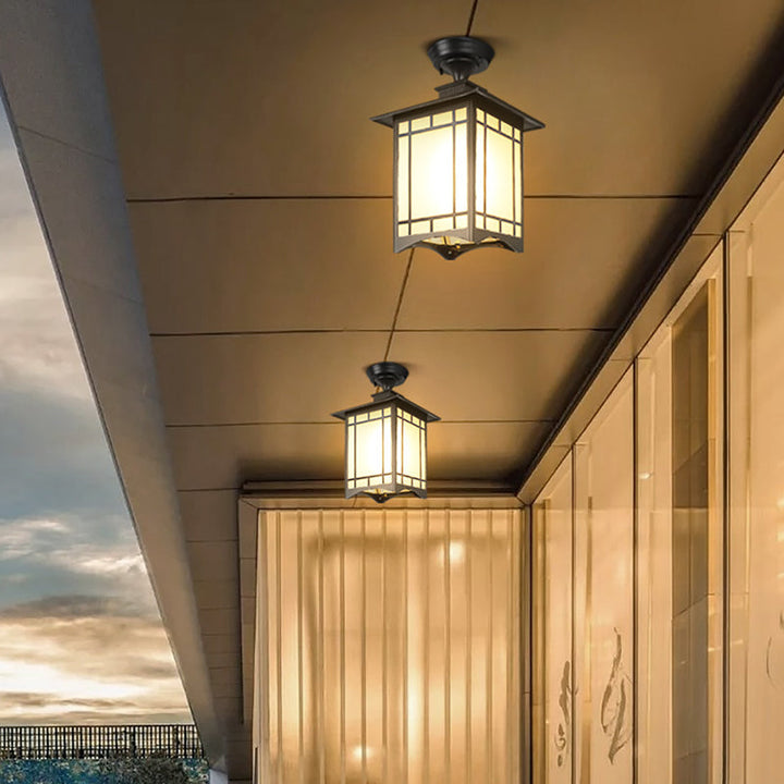 Tradisjonell kinesisk vanntett jern aluminiums glass sylinder pergola 1-lykt semi-flush montering taklampe utendørs lys for utendørs terrasse | Skanto