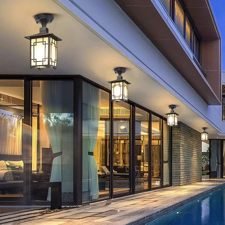 Tradisjonell kinesisk vanntett jern aluminiums glass sylinder pergola 1-lykt semi-flush montering taklampe utendørs lys for utendørs terrasse | Skanto