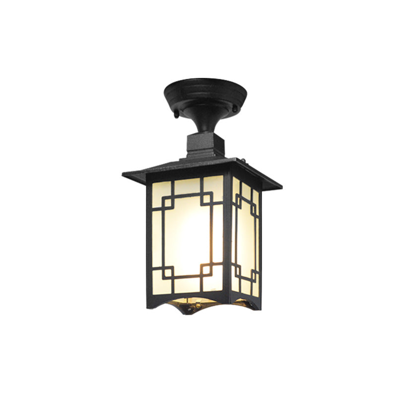 Tradisjonell kinesisk vanntett jern aluminiums glass sylinder pergola 1-lykt semi-flush montering taklampe utendørs lys for utendørs terrasse | Skanto