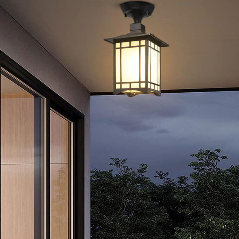 Tradisjonell kinesisk vanntett jern aluminiums glass sylinder pergola 1-lykt semi-flush montering taklampe utendørs lys for utendørs terrasse | Skanto