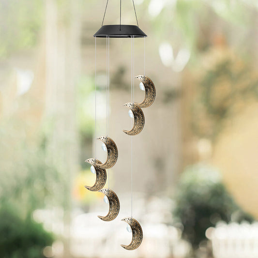 Norvo | Moderne Boho Sol Vanntett ABS Metall Måne Sol Stjerne Dekorasjon Vindklokke Hengende LED Utebelysning Landskapsbelysning for Utendørs Terrasse
