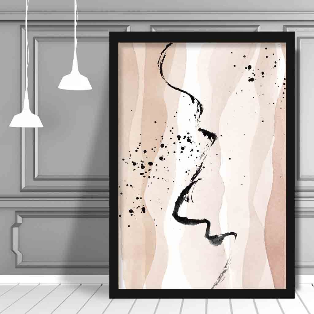 Abstrakt landskap i beige og svart nr. 3 kunsttrykk