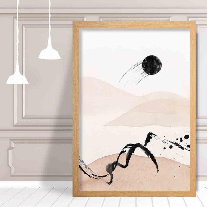 Abstrakt landskap i beige og svart nr. 2 kunsttrykk