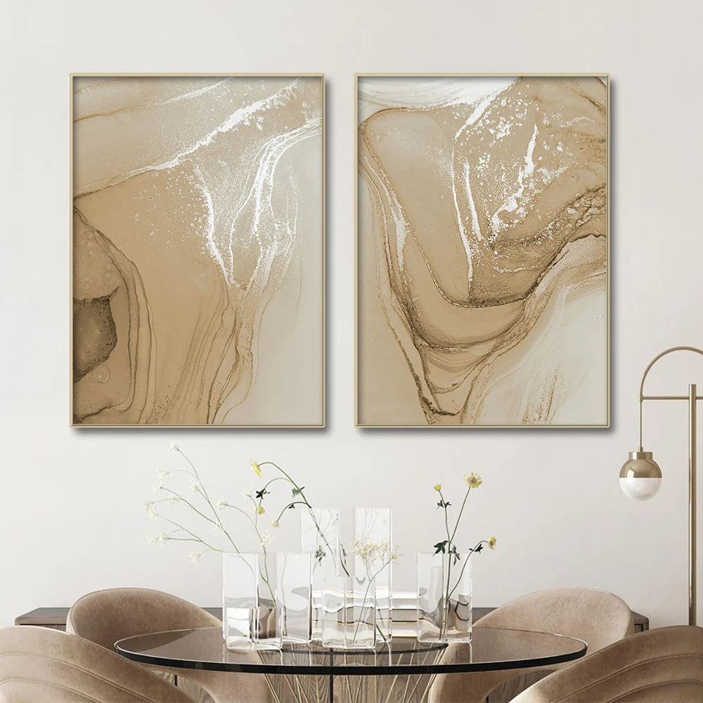 Sett av 3 stykker Beige Chic Flytende marmor Veggkunst Fin Kunst Lærredstrykk Bilder For Nøytrale Fargede Stuer Soverom Kunst Moderne Hjeminteriørdekorasjon | Skanto