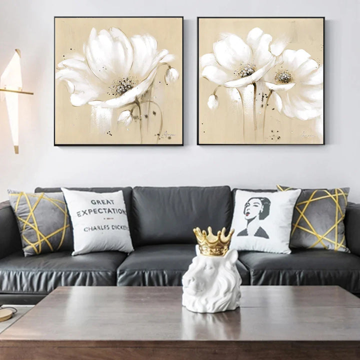 Beige Hvit Blomster Veggkunst Fine Art Lerretstrykk Moderne Botaniske Kvadratiske Format Frodige Bilder For Stue Soverom Dekor | Skanto