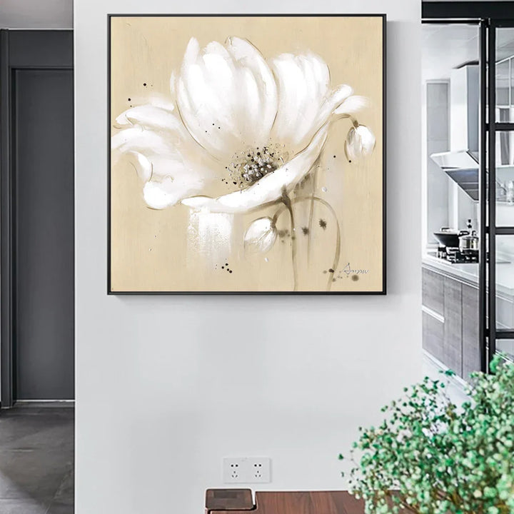 Beige Hvit Blomster Veggkunst Fine Art Lerretstrykk Moderne Botaniske Kvadratiske Format Frodige Bilder For Stue Soverom Dekor | Skanto