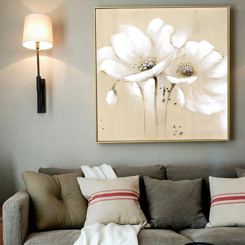 Beige Hvit Blomster Veggkunst Fine Art Lerretstrykk Moderne Botaniske Kvadratiske Format Frodige Bilder For Stue Soverom Dekor | Skanto