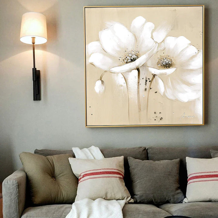 Beige Hvit Blomster Veggkunst Fine Art Lerretstrykk Moderne Botaniske Kvadratiske Format Frodige Bilder For Stue Soverom Dekor | Skanto