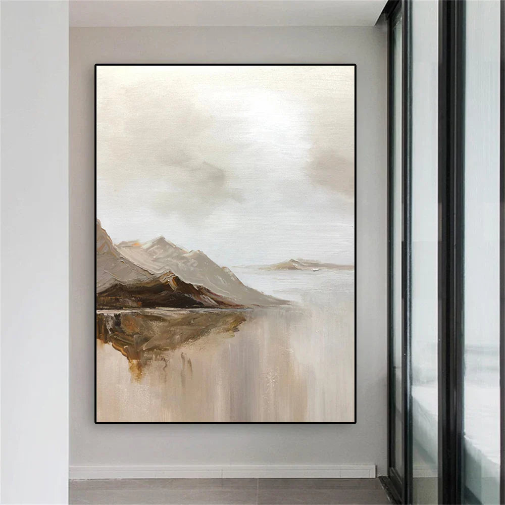 Store størrelser Fjellinnsjø Landskapsveggkunst fin kunst lerretsutskrifter Brun Beige Grå Nøytral farge Teksturert abstrakte bilder for stue Entré Foyer kunst dekor | Skanto
