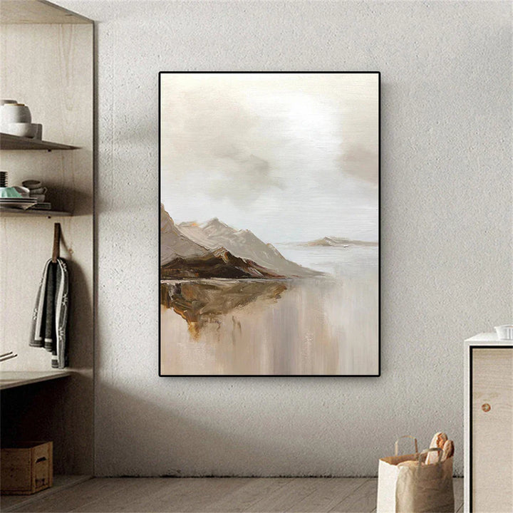 Store størrelser Fjellinnsjø Landskapsveggkunst fin kunst lerretsutskrifter Brun Beige Grå Nøytral farge Teksturert abstrakte bilder for stue Entré Foyer kunst dekor | Skanto