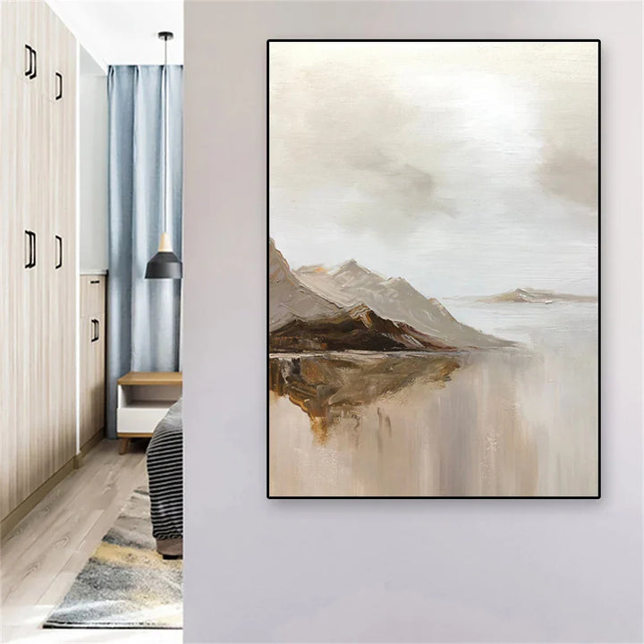Store størrelser Fjellinnsjø Landskapsveggkunst fin kunst lerretsutskrifter Brun Beige Grå Nøytral farge Teksturert abstrakte bilder for stue Entré Foyer kunst dekor | Skanto