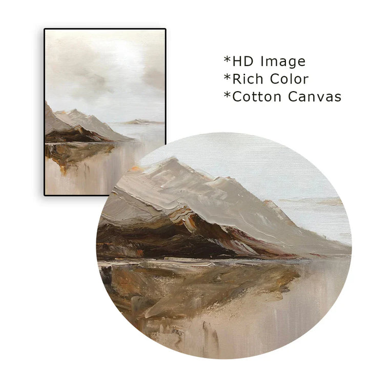 Store størrelser Fjellinnsjø Landskapsveggkunst fin kunst lerretsutskrifter Brun Beige Grå Nøytral farge Teksturert abstrakte bilder for stue Entré Foyer kunst dekor | Skanto